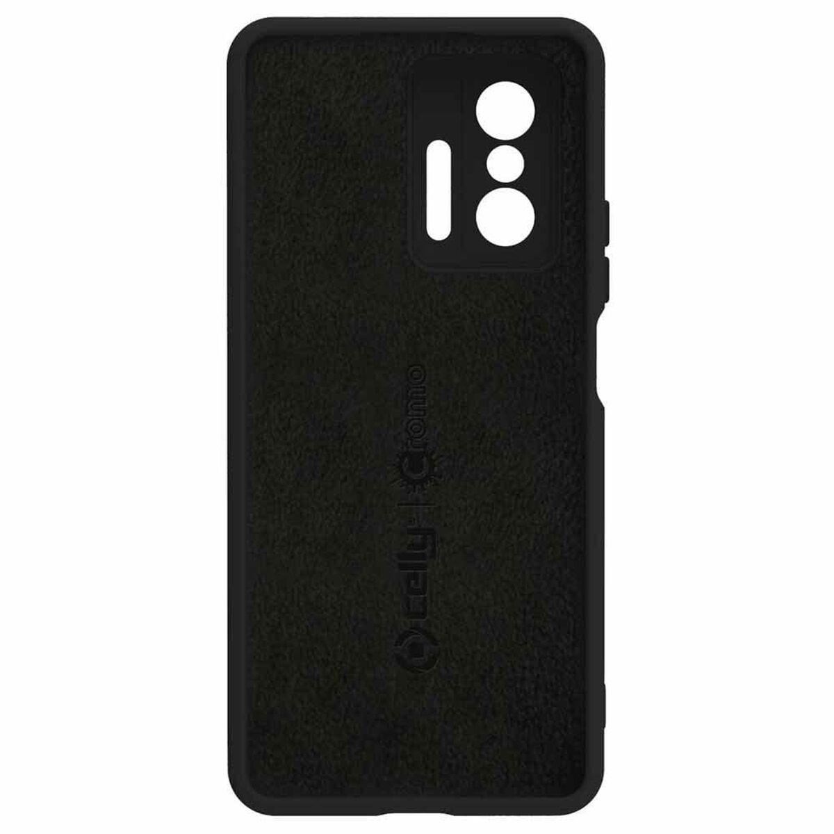 Custodia per telefono nera con un ritaglio per la fotocamera nero. La custodia presenta il logo 'celly + cromo'.
