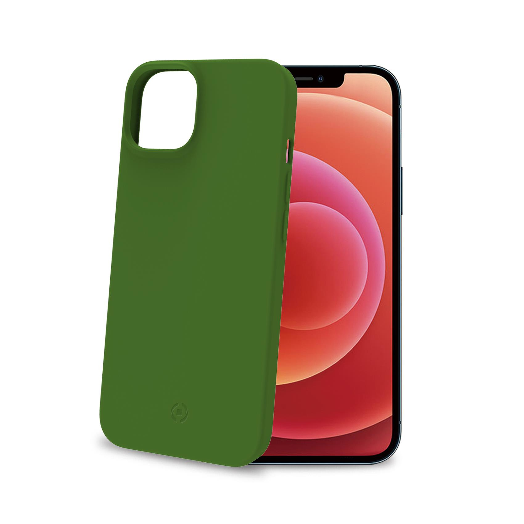 Un iPhone con una custodia verde. Il telefono è angolato, rivelando lo schermo.