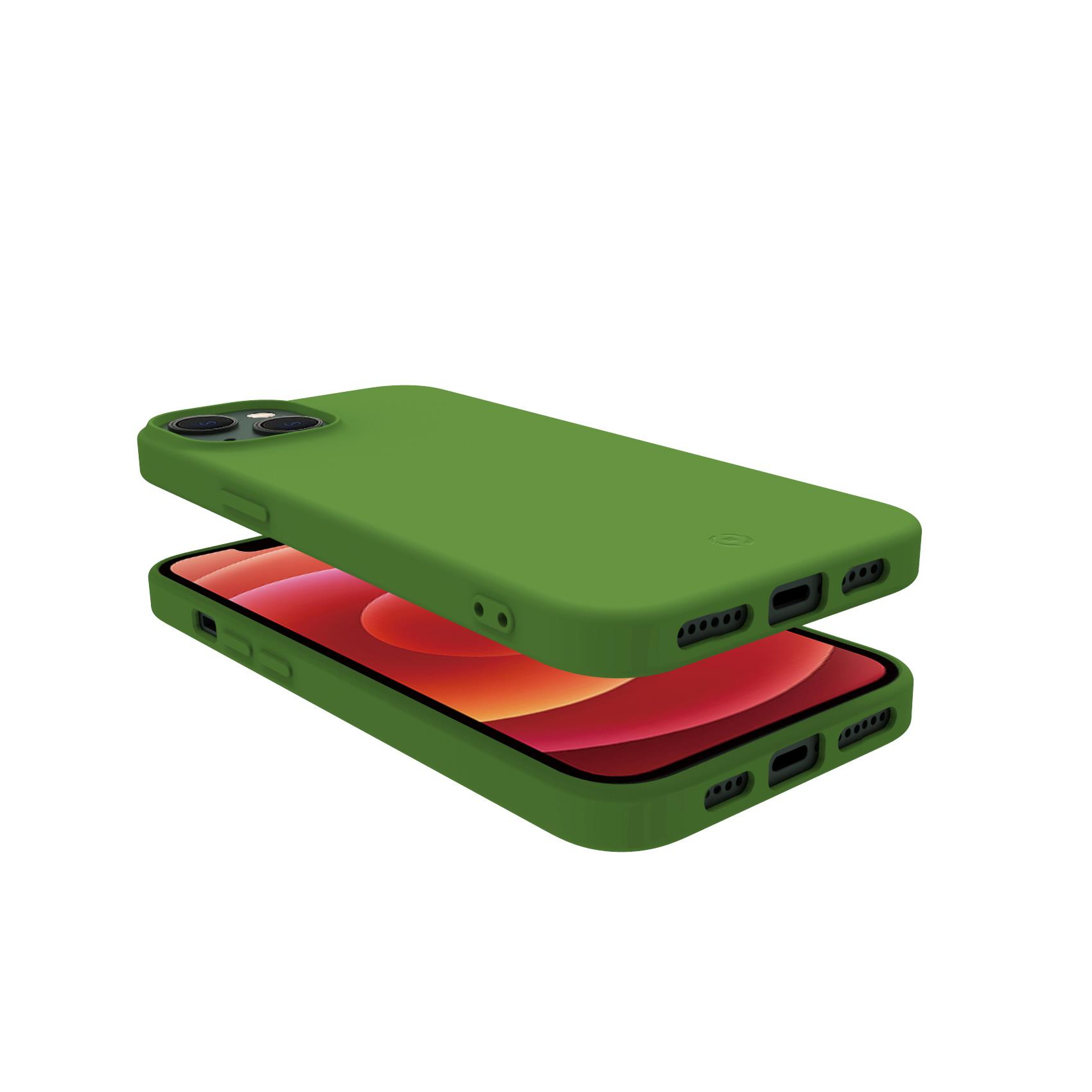 Due custodie verdi per telefono, una leggermente sopra l'altra, che mostrano il display di un telefono.