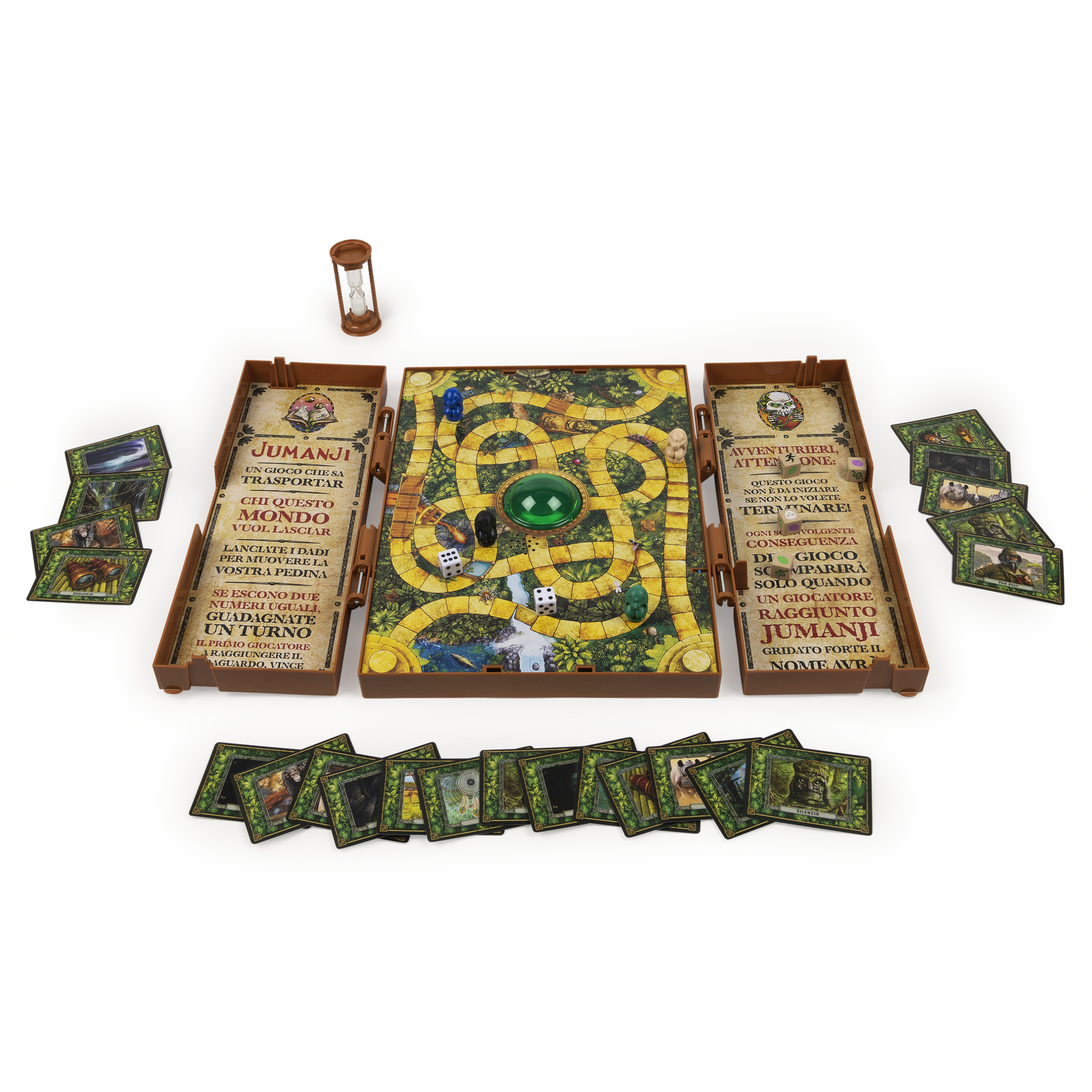 Jumanji-Brettspiel-Set mit Spielsteinen, Karten und einem Timer, angeordnet auf weißer Oberfläche.