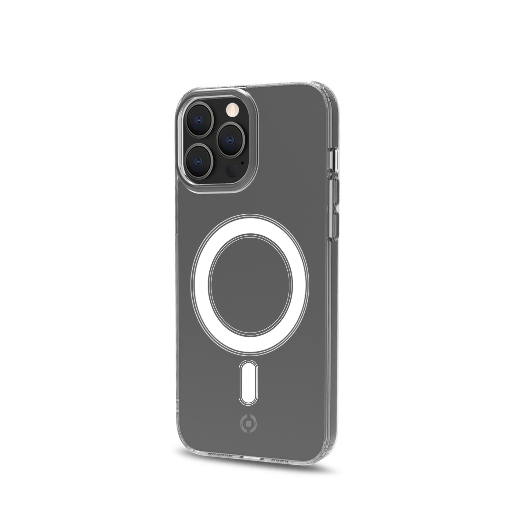 Una custodia trasparente per telefono con retro grigio. È visibile un cerchio bianco con un trattino e un segno meno.