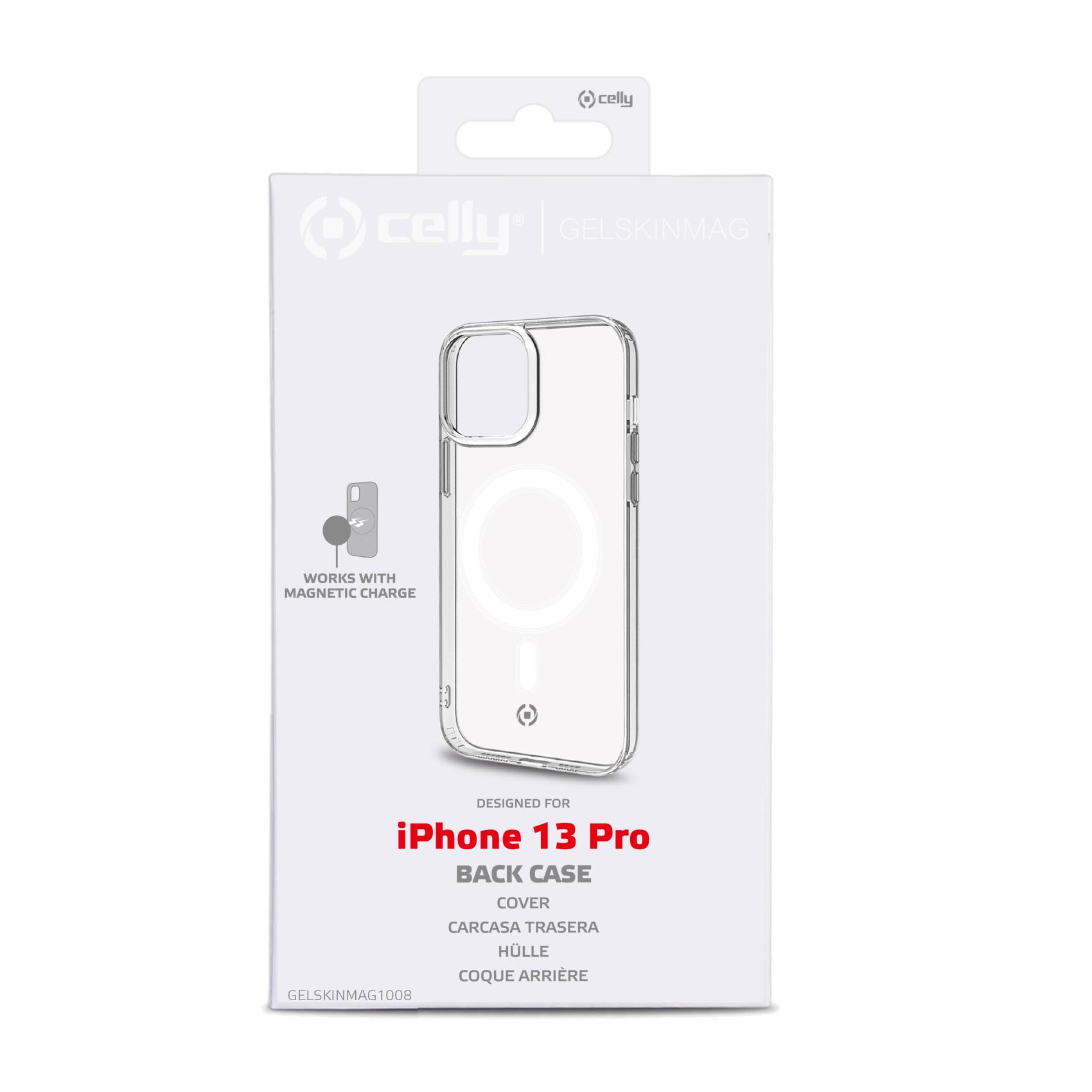 Confezione della custodia posteriore per iPhone 13 Pro. Custodia trasparente esposta su una scatola bianca con branding.