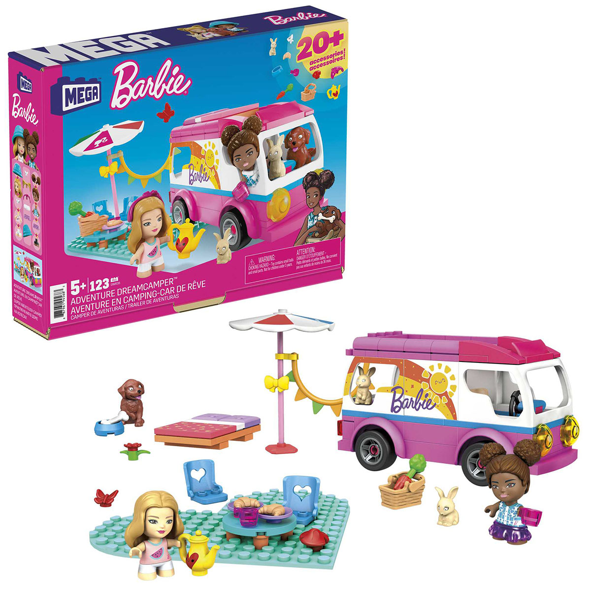 Barbie Dreamcamper Spielset-Box und zusammengebauter Camper mit Barbie-Figuren, Zubehör und Van.
