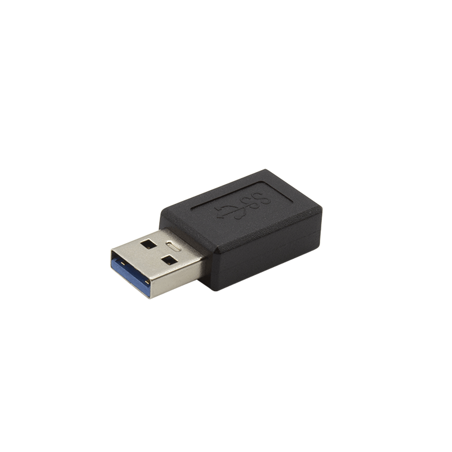 Un adattatore da USB a USB-C nero. L'estremità USB è blu, lo sfondo è bianco.
