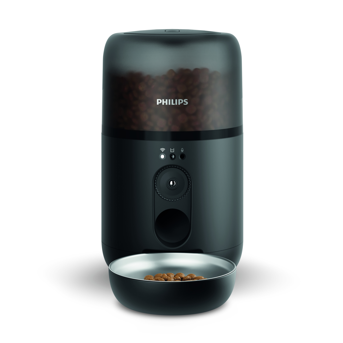 Een zwarte Philips automatische voederautomaat voor huisdieren, met een voedselcontainer bovenop en een bak onderaan.