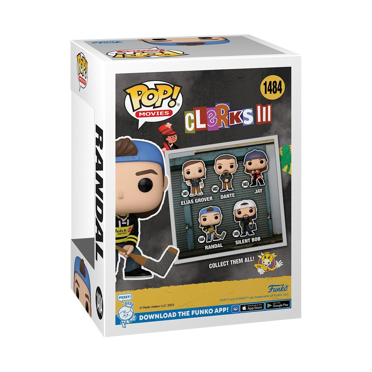 Pudełko Funko POP! Movies Clersks III. Figurki postaci z tyłu i figurka Randala z przodu.