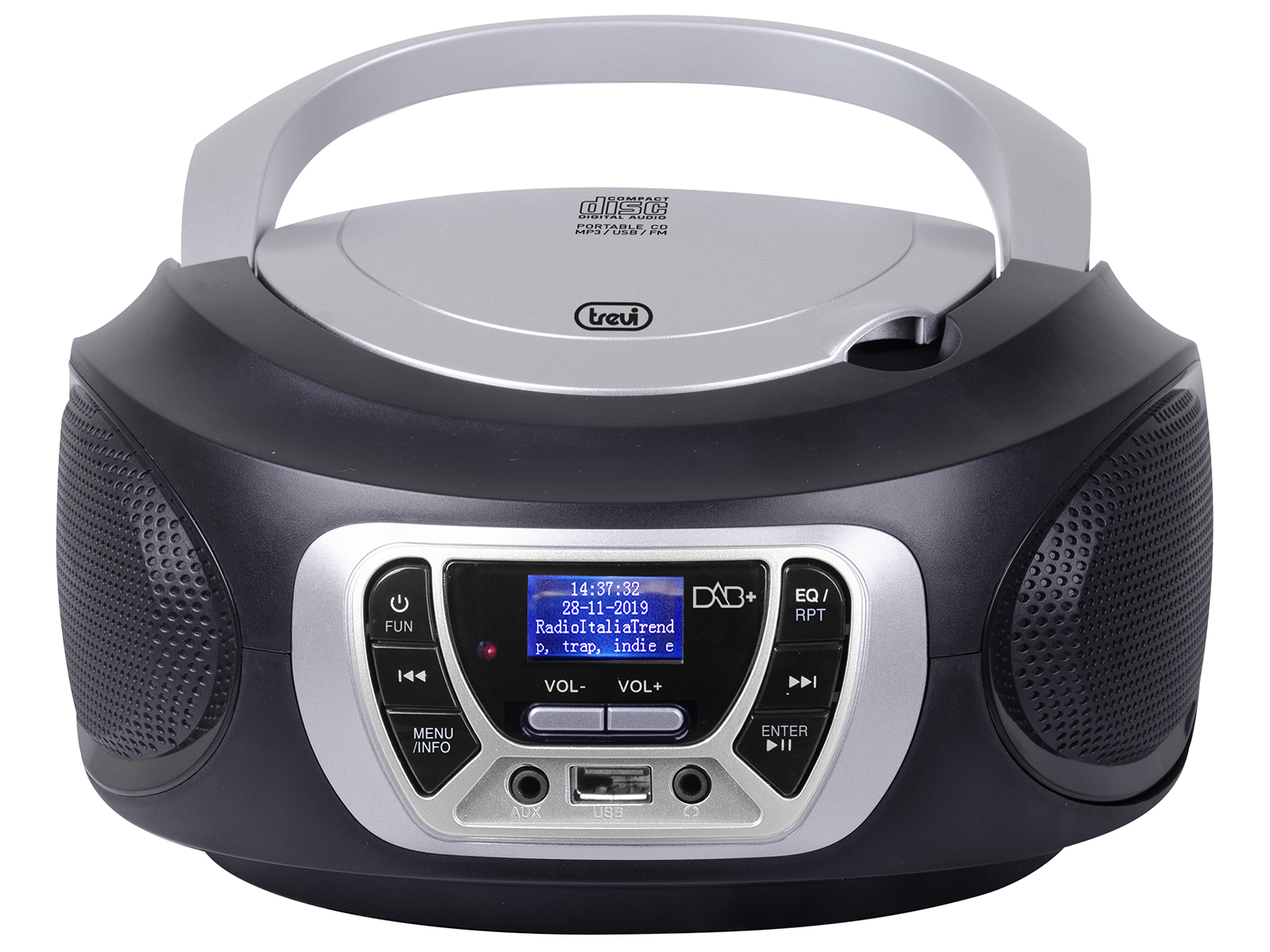 Radio reproductor de CD portátil Trevi negro y plateado.