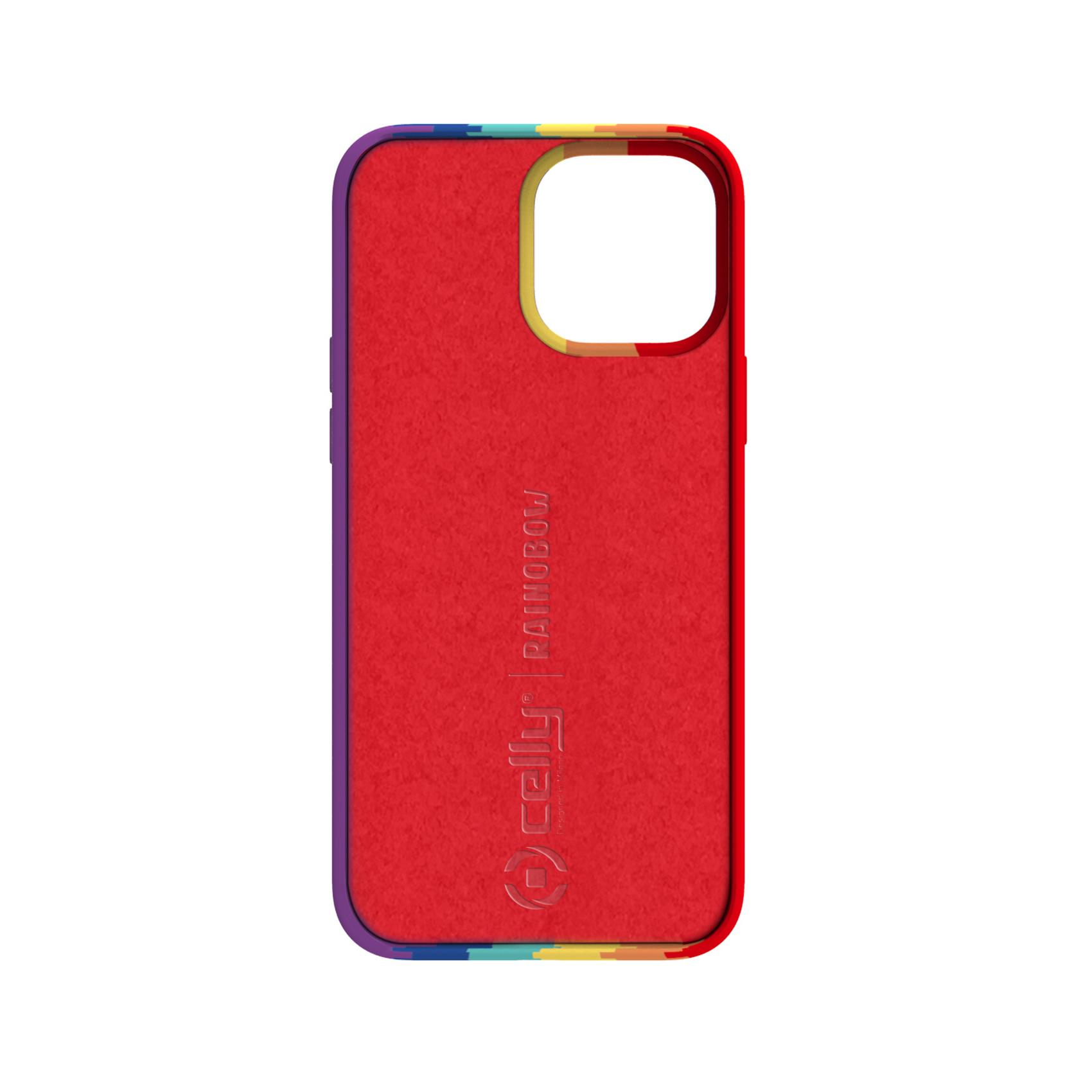 Custodia per telefono rossa con bordi arcobaleno, logo Celly.