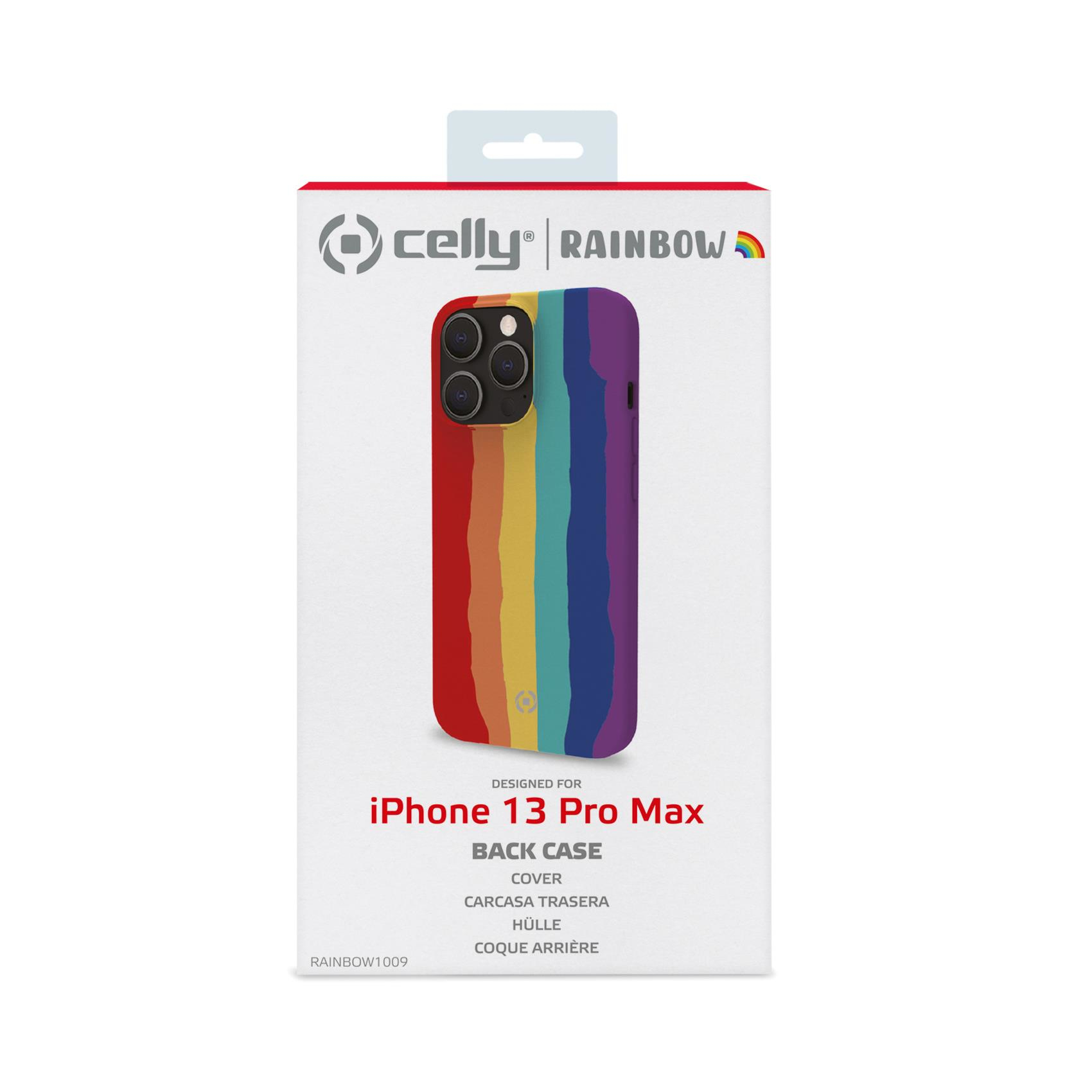 Custodia posteriore per iPhone 13 Pro Max, design arcobaleno, in scatola.