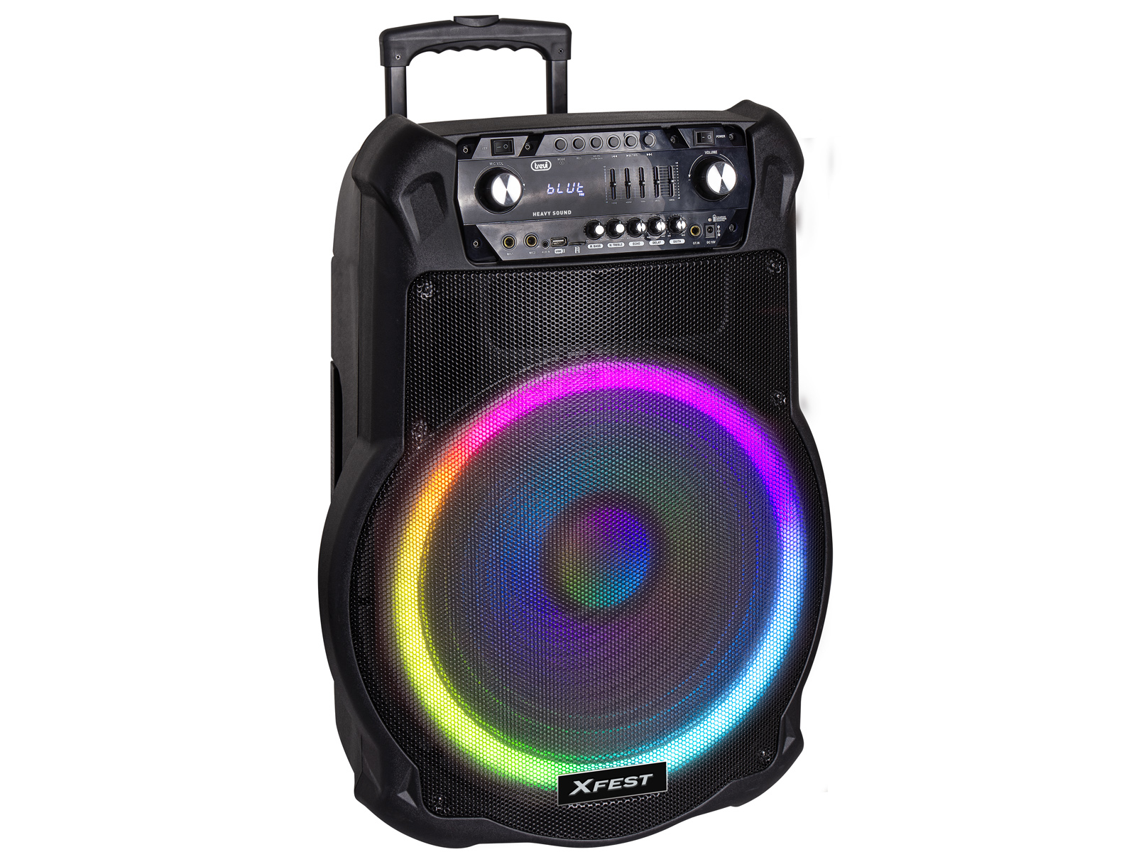 Głośnik XFEST z kolorowym, okrągłym wyświetlaczem świetlnym. Ma uchwyt i przyciski na górze.