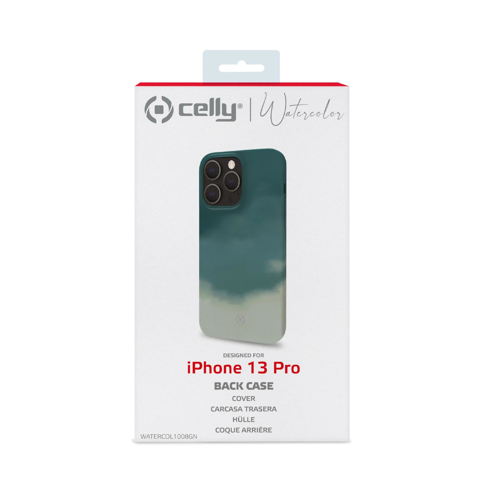Custodia posteriore per iPhone 13 Pro in una scatola. La custodia è verde acqua e bianca. La scatola è bianca e rossa.
