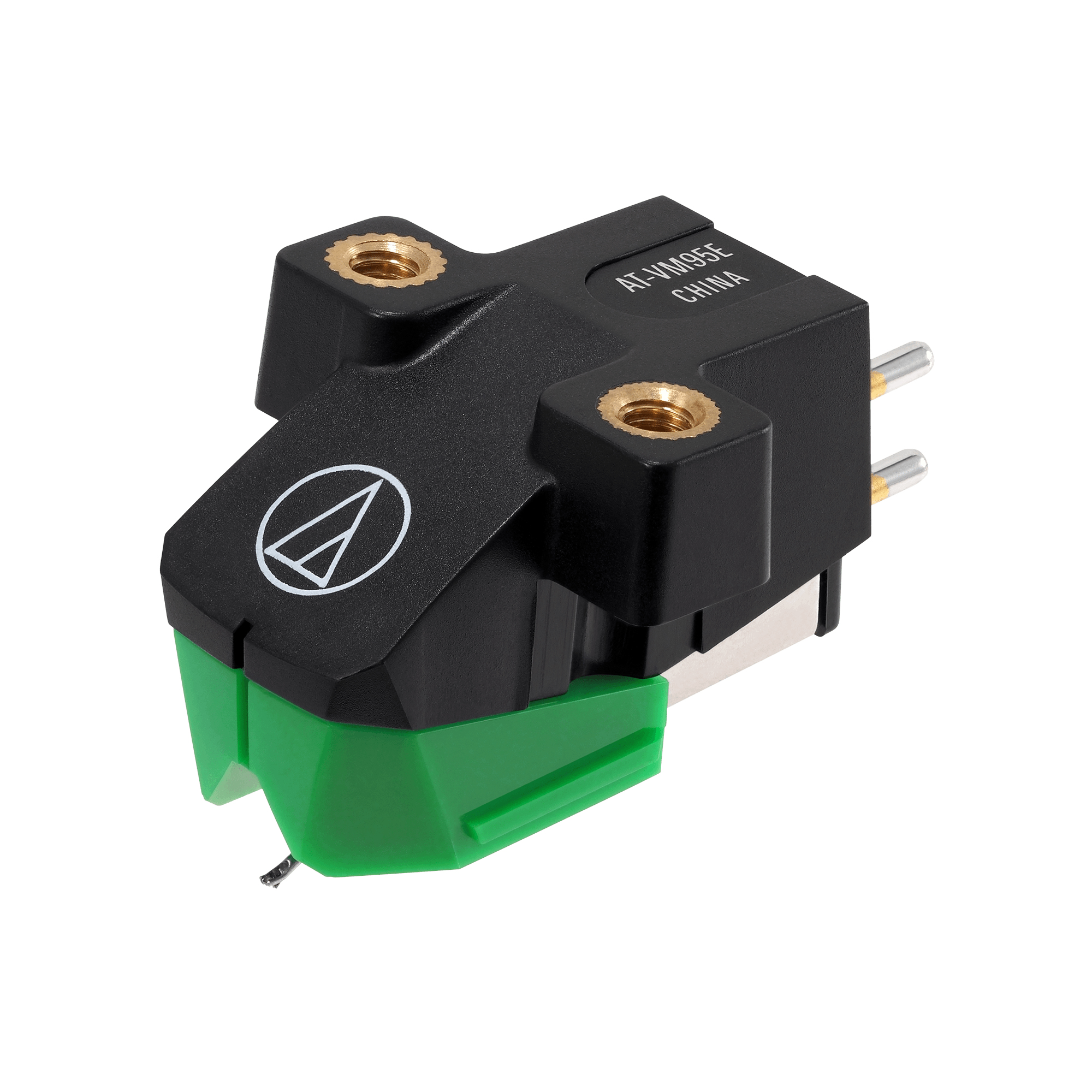 Schwarze und grüne Audio Technica AT-VM95E Tonabnehmer.