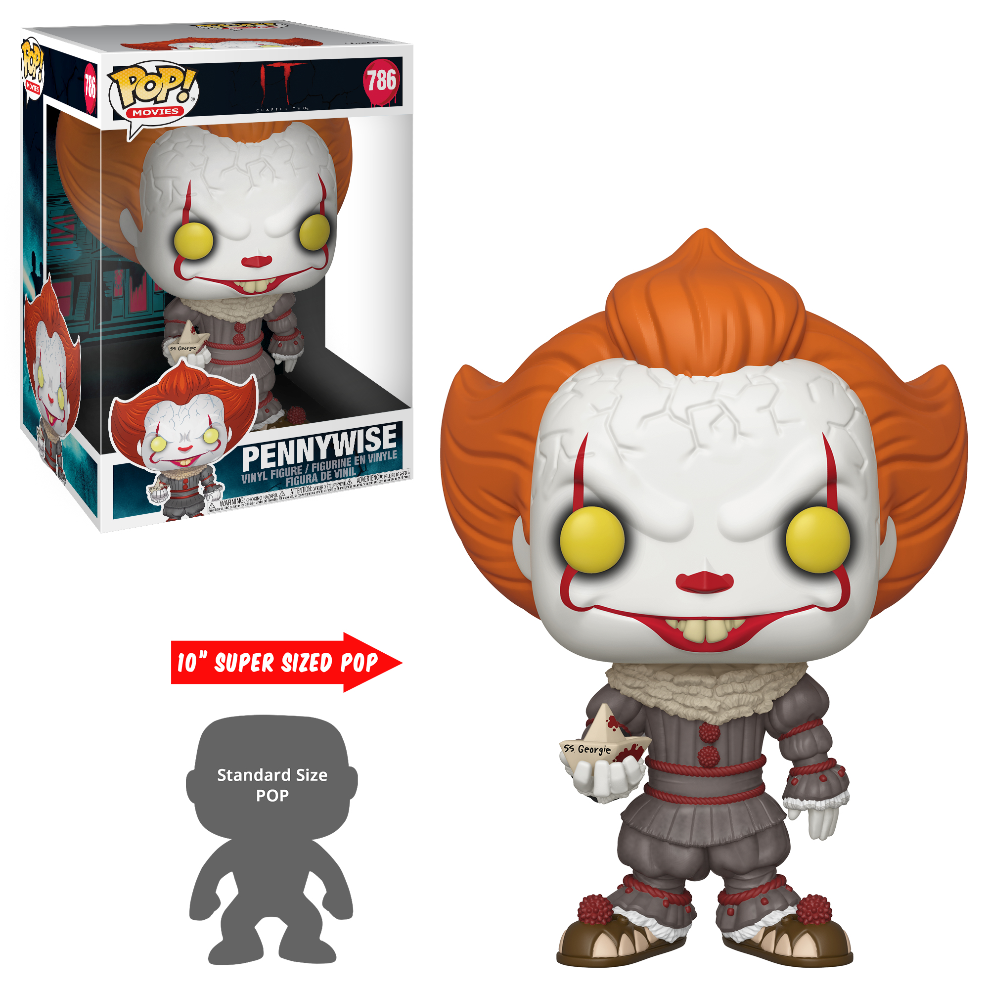 Figura di Pennywise con una scatola. La figura ha capelli arancioni e un viso bianco con dettagli rossi.
