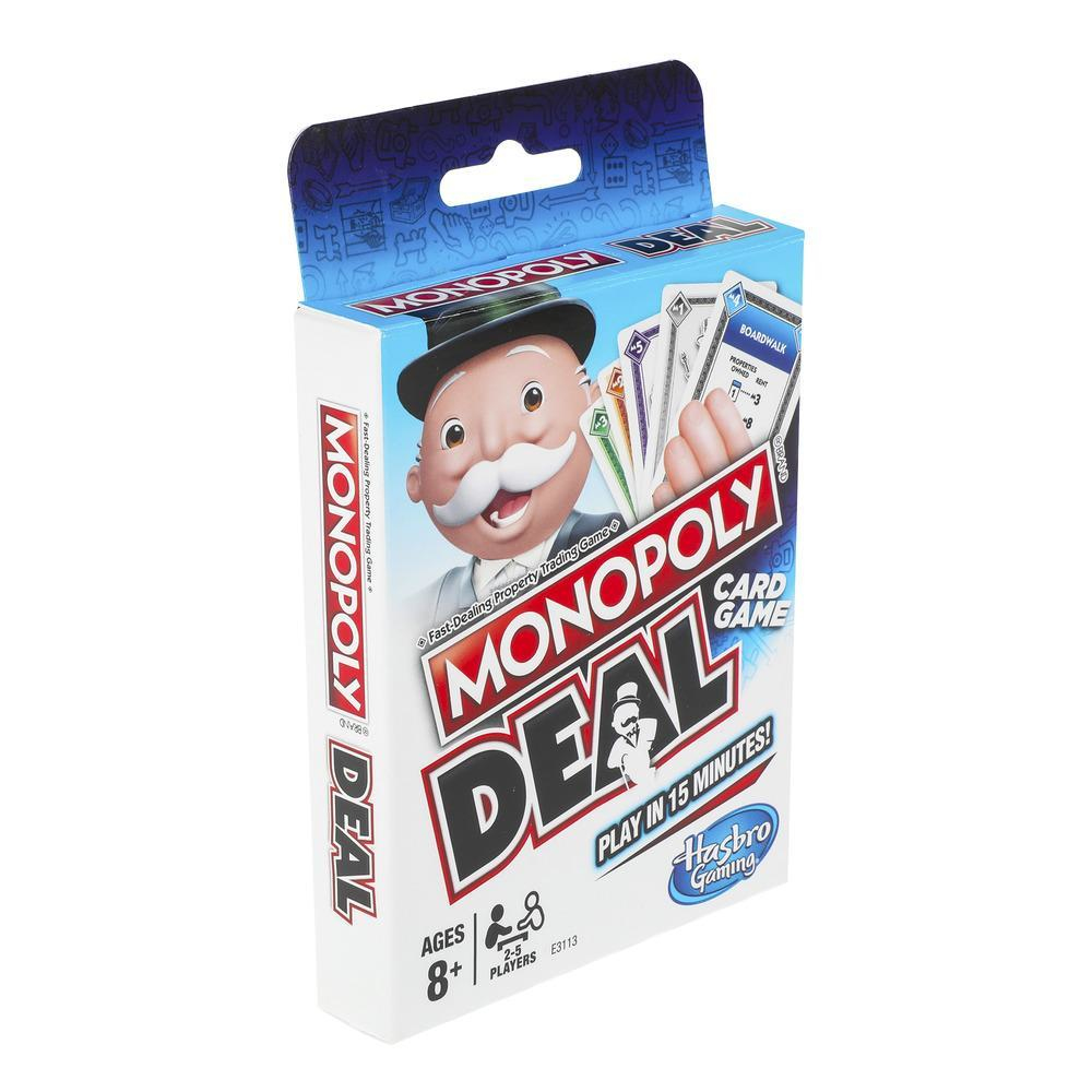 Pudełko gry karcianej Monopoly Deal, uśmiechnięty mężczyzna z przodu.