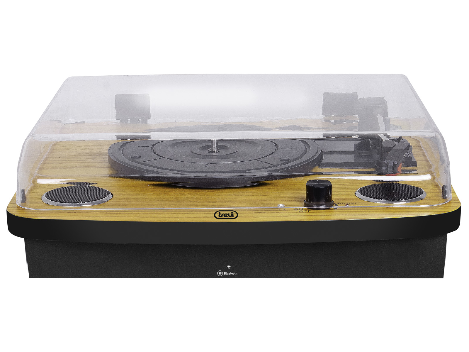 Tocadiscos con cubierta transparente. Base de madera y detalles negros. Fondo blanco.