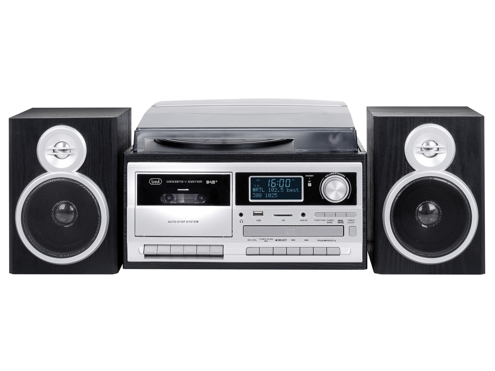 Impianto stereo con altoparlanti, un lettore di cassette e un giradischi.