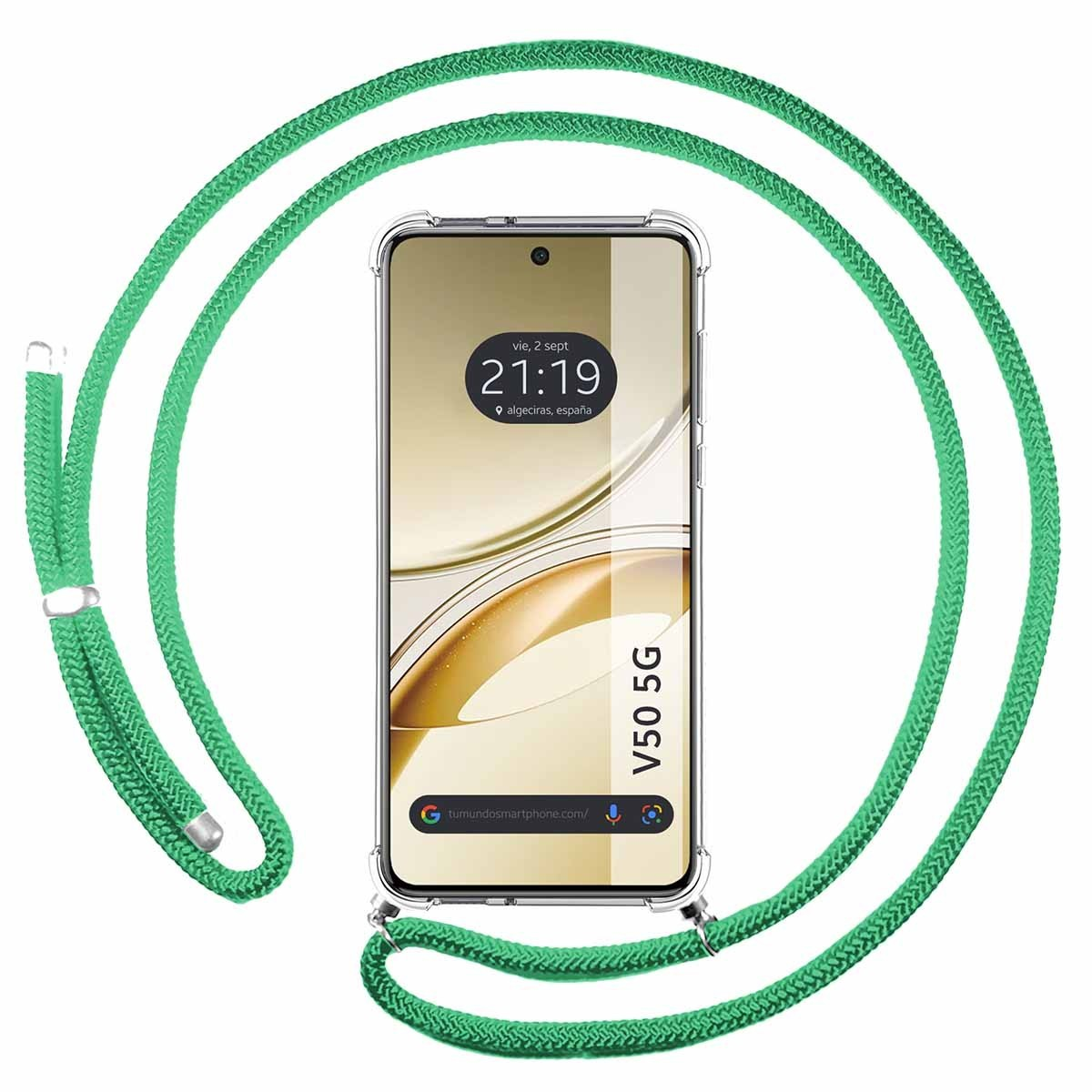 Telefono con cordino verde in custodia trasparente, mostra un'ora e un sito web.