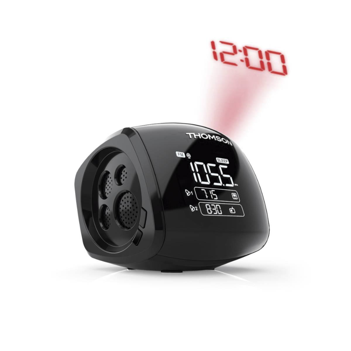 Radio reloj negro que proyecta la hora 12:00 en rojo. Tiene pantalla y altavoz.