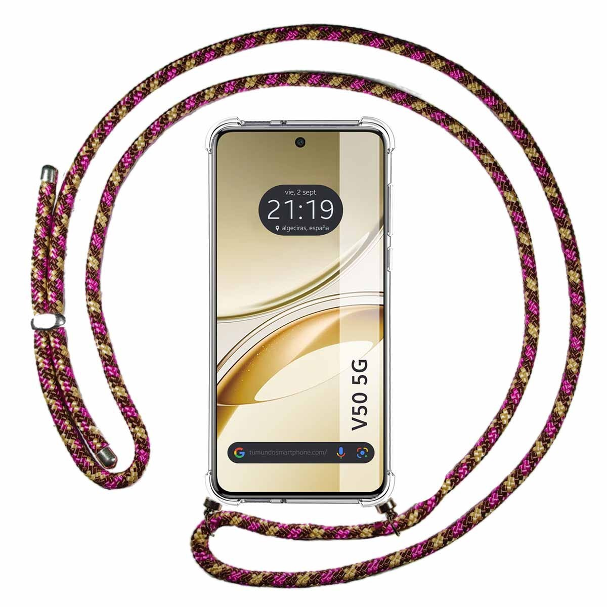 Telefono con cinturino in corda rosa e marrone, che mostra l'ora e la posizione sullo schermo.