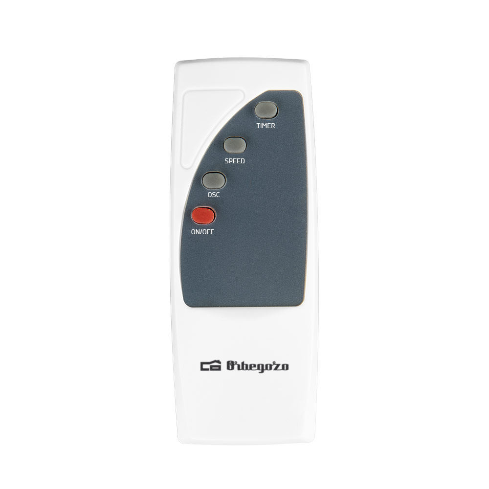 Telecomando bianco con pulsanti per timer, velocità, oscillazione e on/off. Accenti neri e grigi.