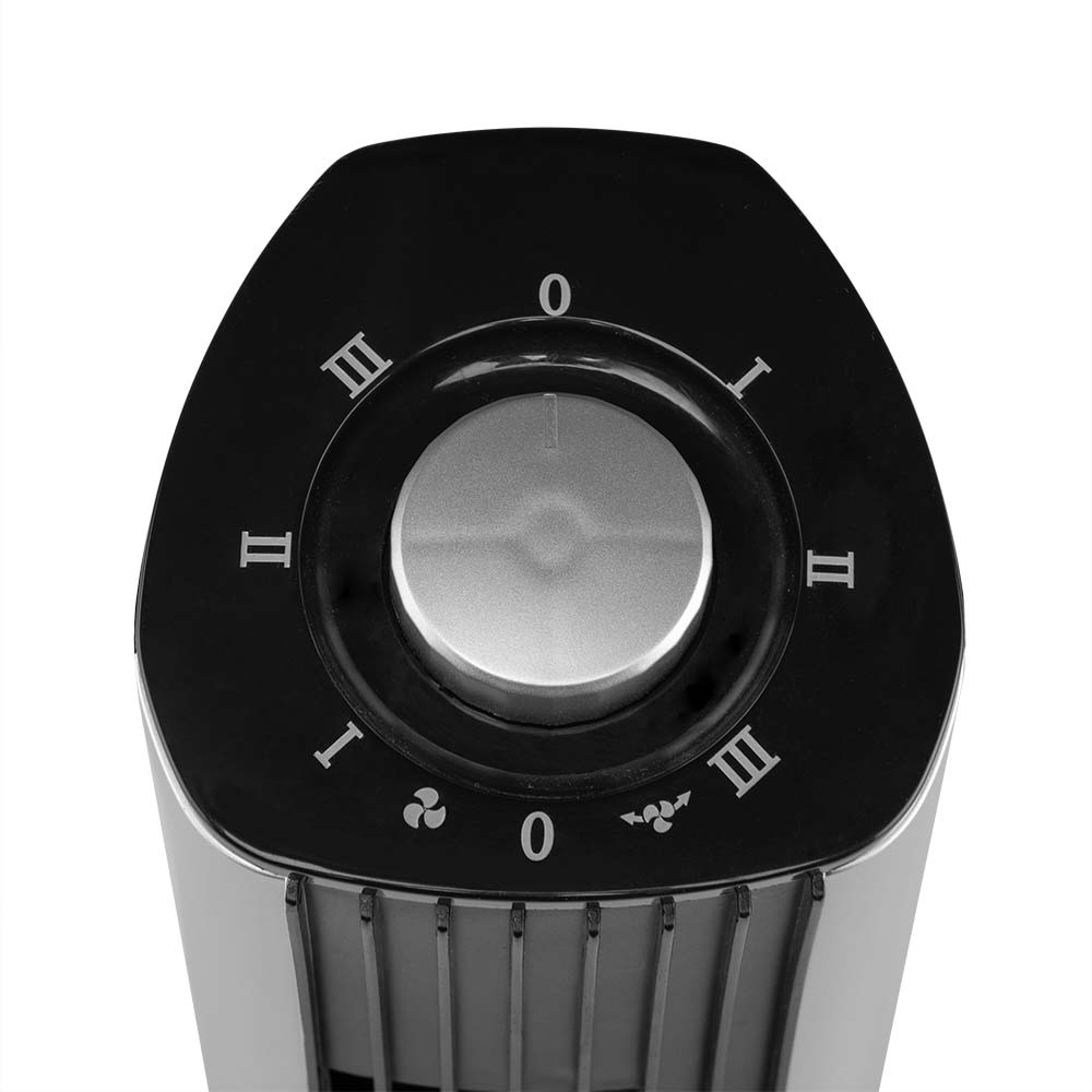 Vista superior de un dial de velocidad de ventilador negro con números e iconos de ventilador.