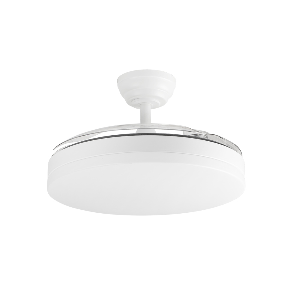 Ventilatore da soffitto bianco con un apparecchio di illuminazione rotondo, montato su un soffitto bianco.