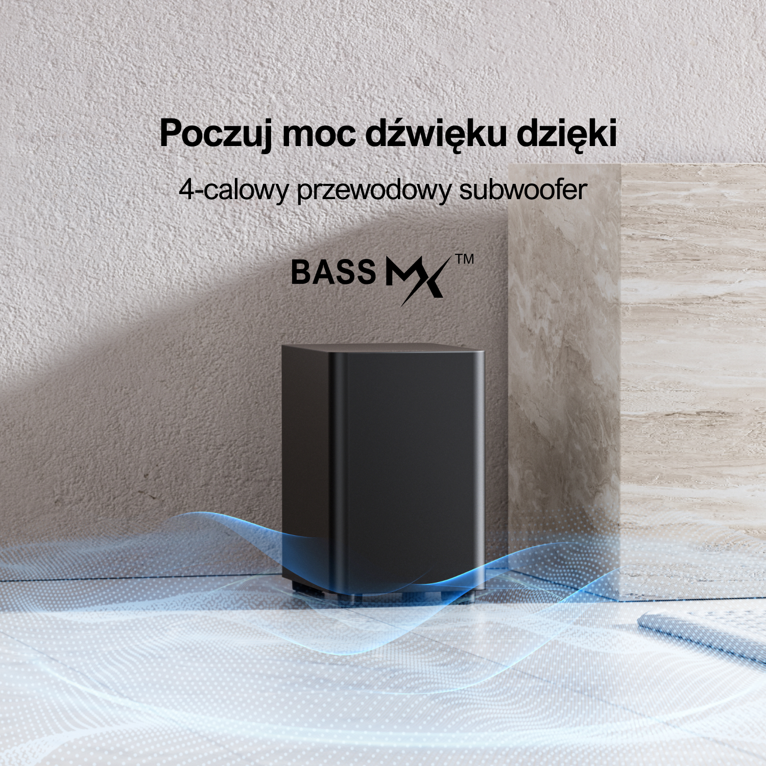 Czarny subwoofer Bass MX, tekst: 4-calowy subwoofer przewodowy.