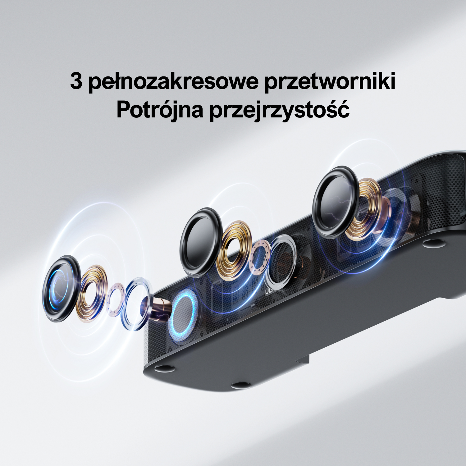 Elementy soundbara z tekstem: 3 przetworniki pełnozakresowe.