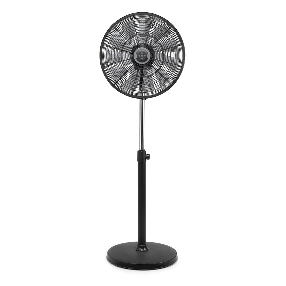 Ventilador de pie negro con base redonda, altura ajustable y cabezal circular.