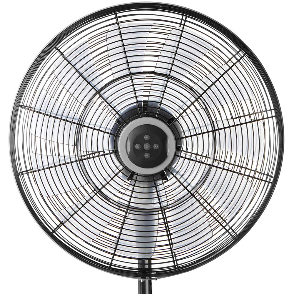 Vista superior de un ventilador negro con rejilla circular y múltiples aspas.