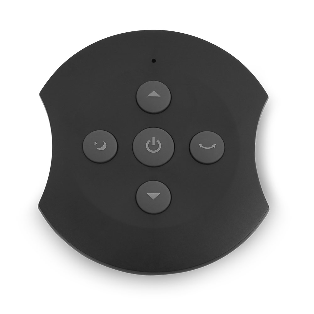 Mando a distancia negro con cinco botones: arriba, abajo, encendido y flechas curvas.
