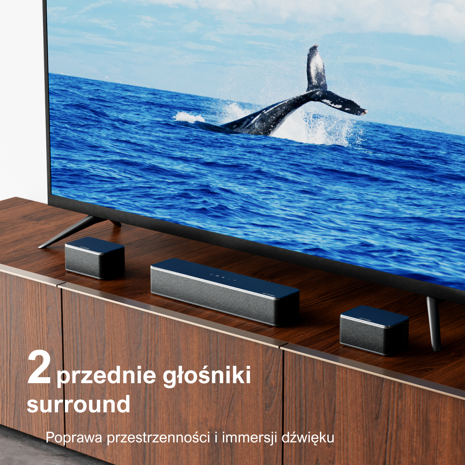 Telewizor wyświetlający wieloryba, z soundbarem i głośnikami surround poniżej.