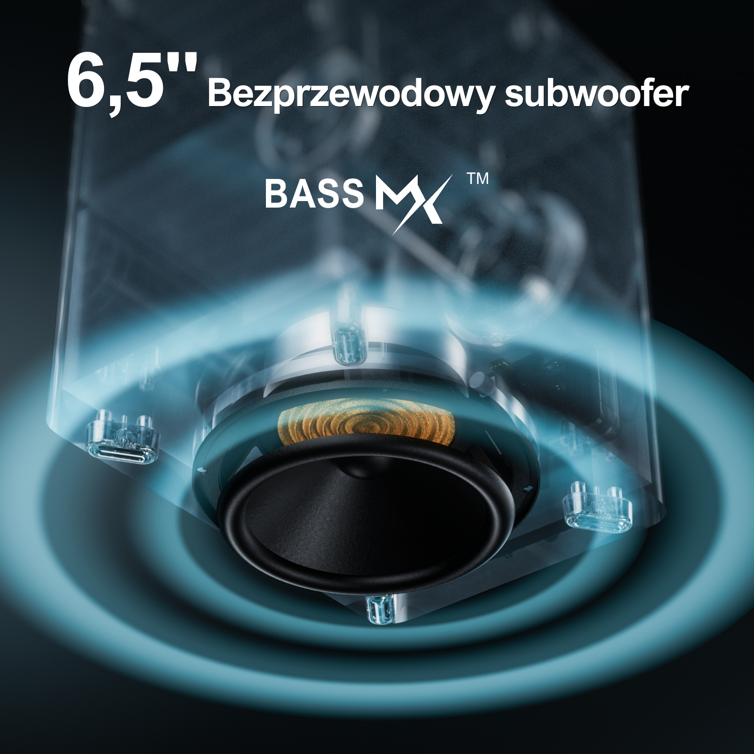 Głośnik z konstrukcją subwoofera. Jest czarny i przezroczysty, z falami dźwiękowymi emanującymi z niego.