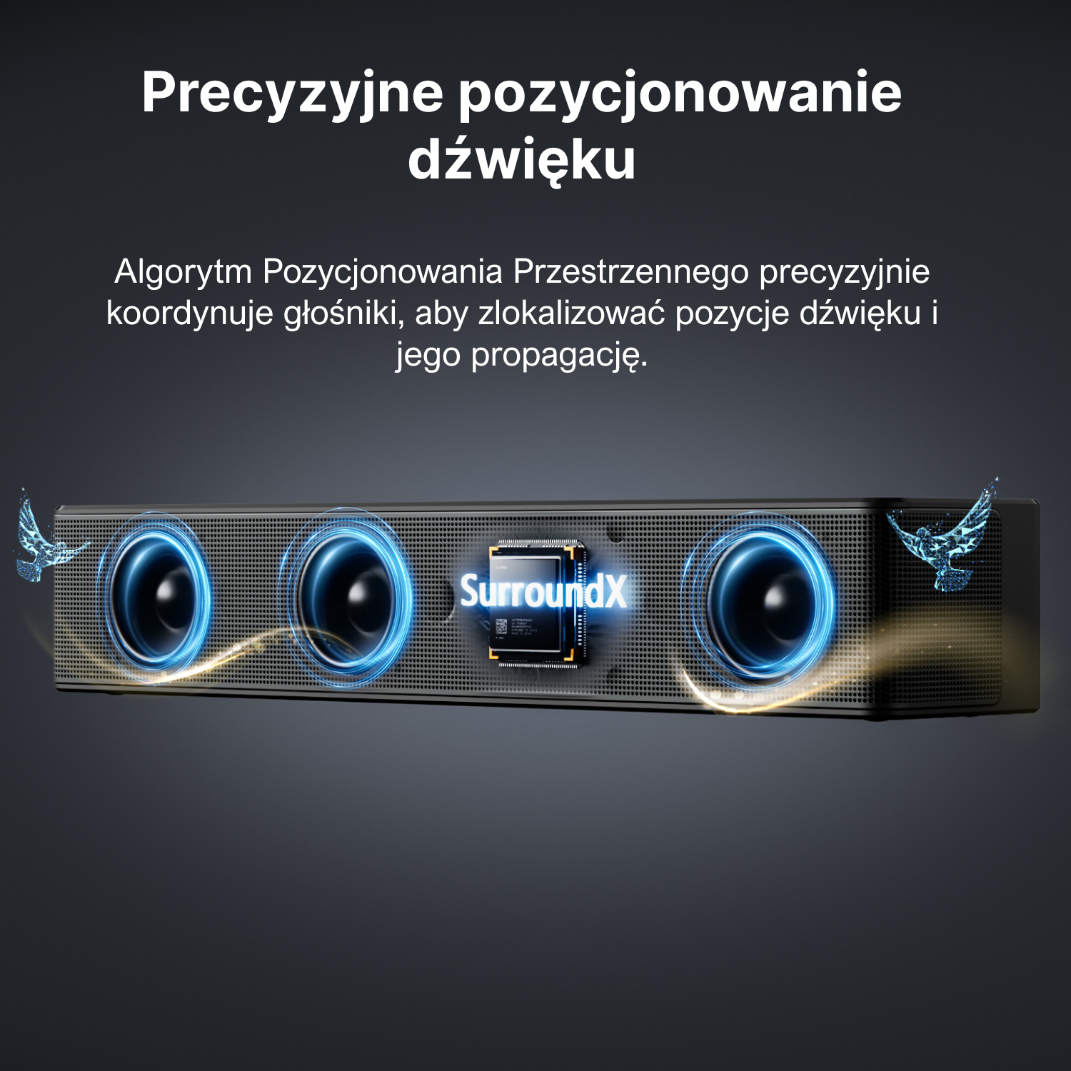 Soundbar z logo SurroundX i głośnikami.