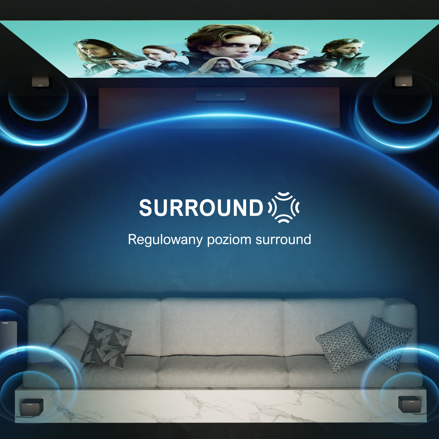 System kina domowego z dźwiękiem przestrzennym.