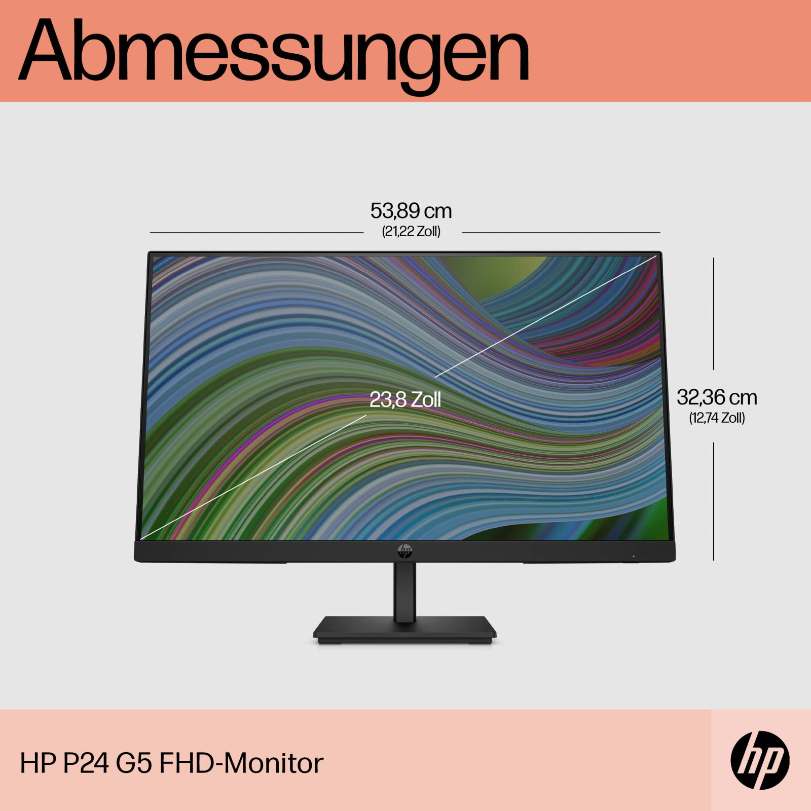 Monitor con dimensiones, base y marco negros, fondo blanco.