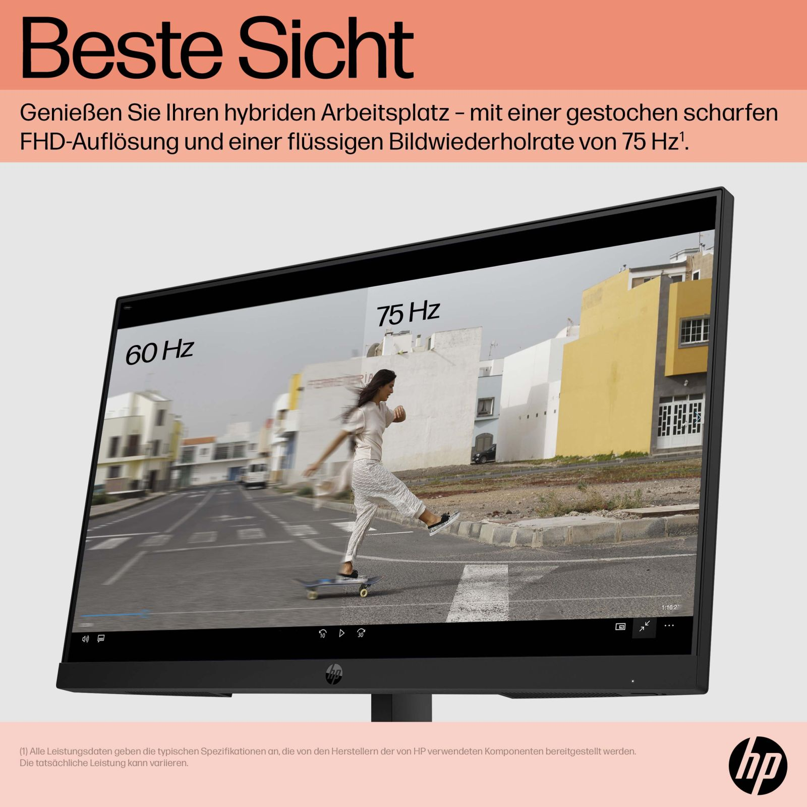 Un monitor de computadora que muestra a una mujer en patineta. El monitor tiene texto arriba y abajo.