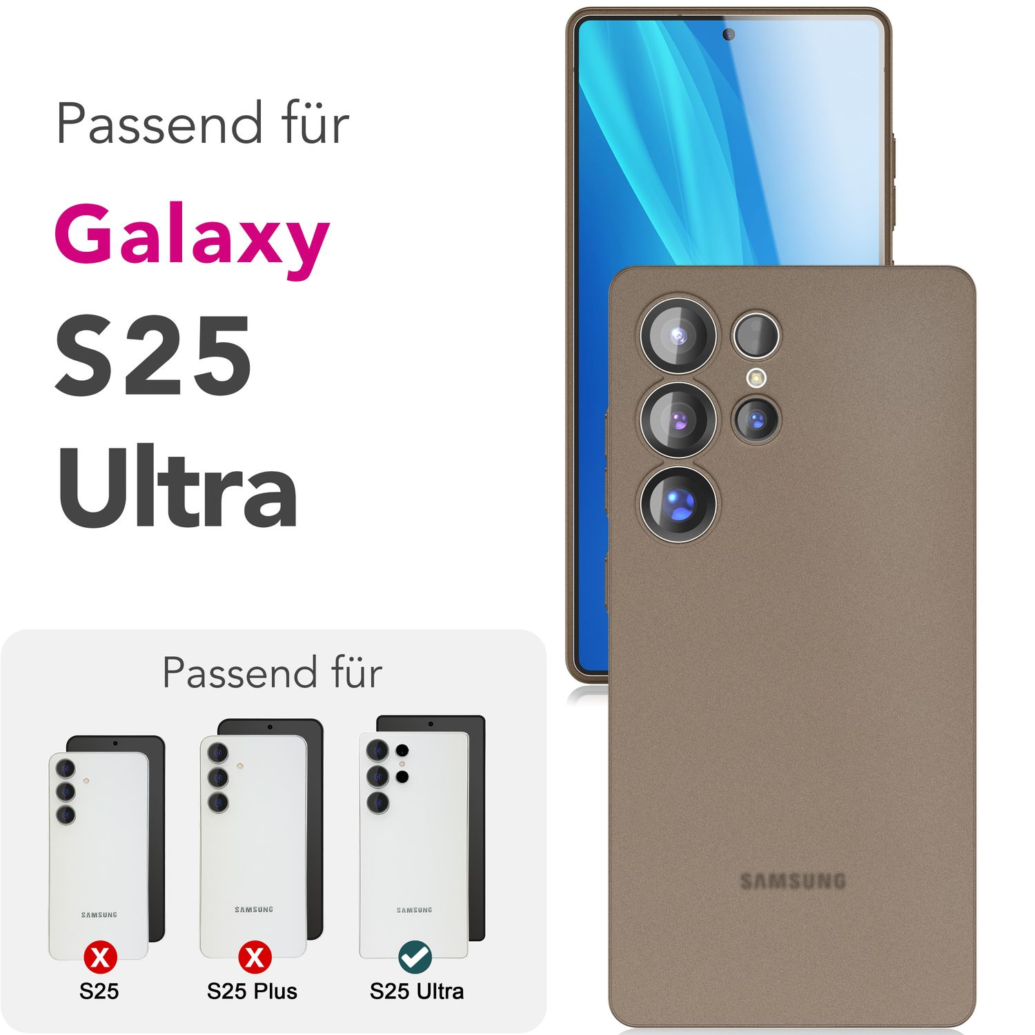 Eine Handyhülle mit einem Handy darin, mit einem Produktetikett für das S25 Ultra.