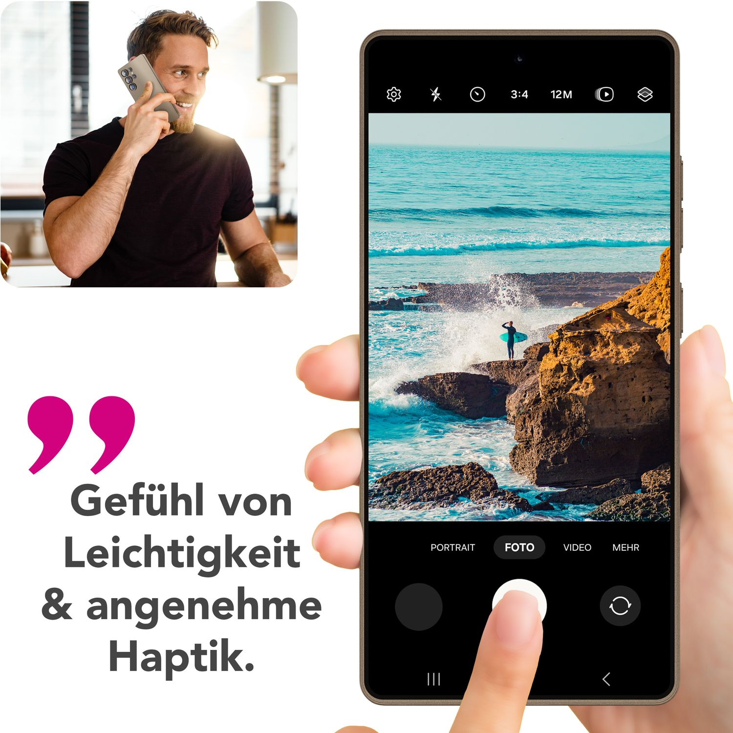 Person hält Telefon mit Strandszene und Surfendem.