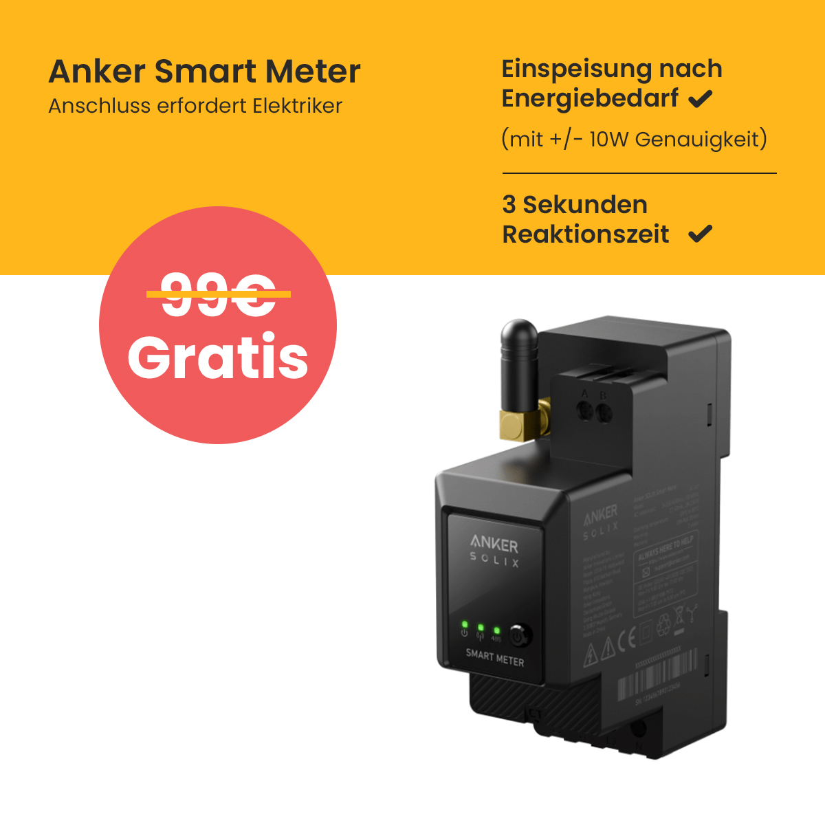 Smart Meter mit Text und Häkchen auf gelbem Hintergrund mit rotem Kreis.