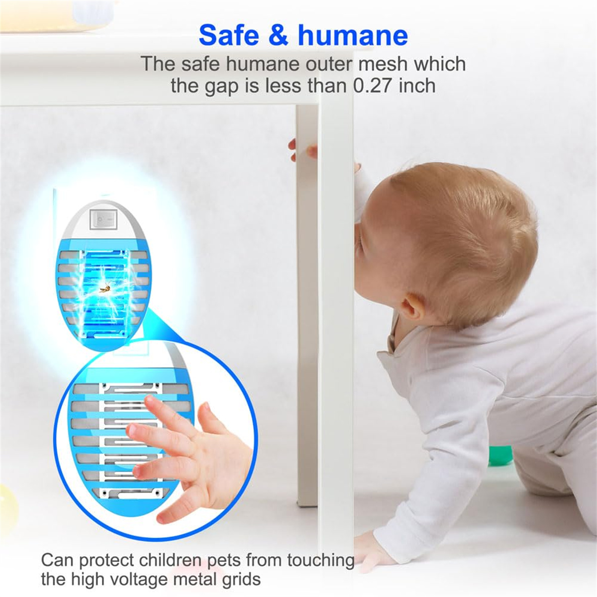 Ein Baby greift nach einer Mückenfalle, mit Text, der besagt, dass sie sicher und human ist.
