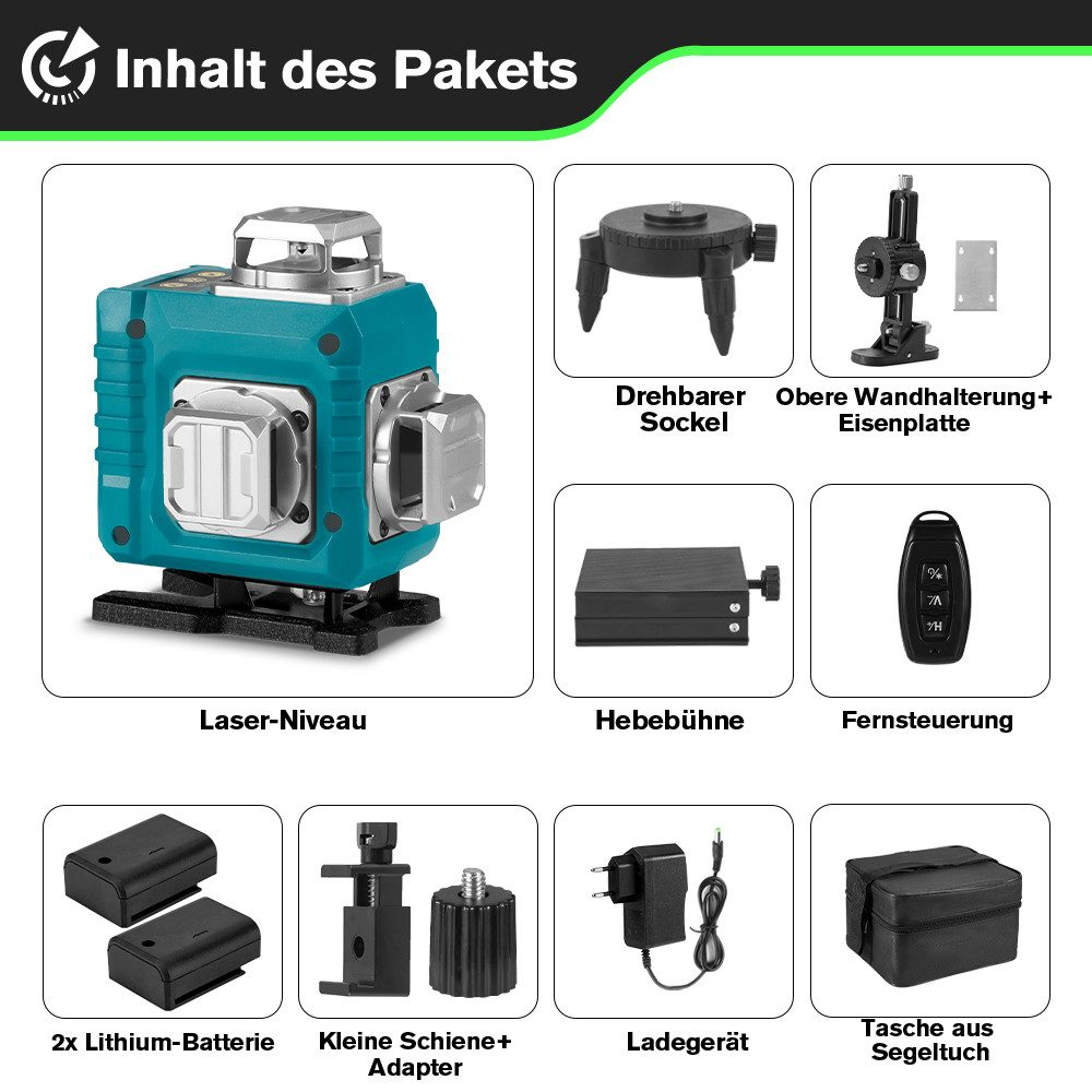 Ein türkisfarbenes Laser-Niveau mit Zubehör: Ladegerät, Batterien, Fernbedienung, Hebebühne, Halterung. Alle Artikel in einer Box.
