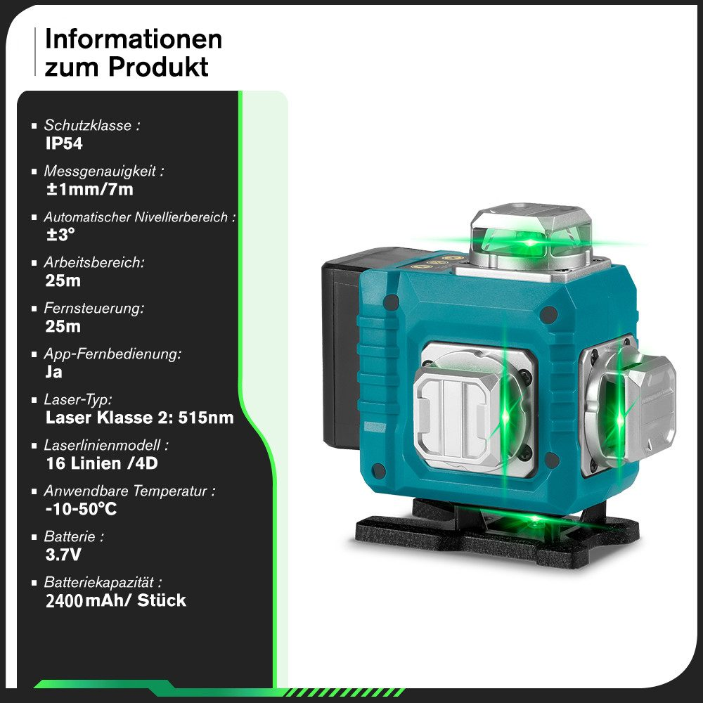 Grünes Laser-Niveau mit technischen Informationen. Zeigt IP54, Genauigkeit, Arbeitsbereich, Lasertyp und Batterie.