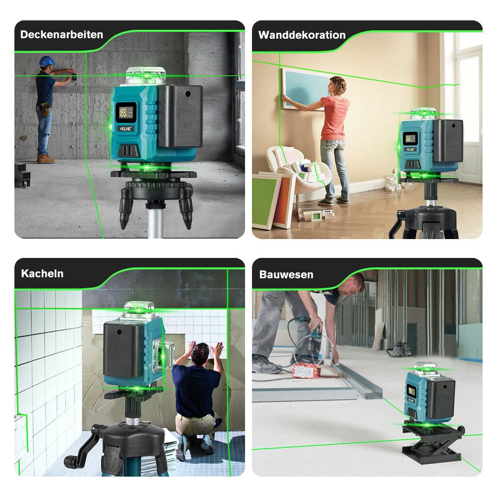 Vier Bilder, die ein grünes Laserlevel im Einsatz beim Bau zeigen.