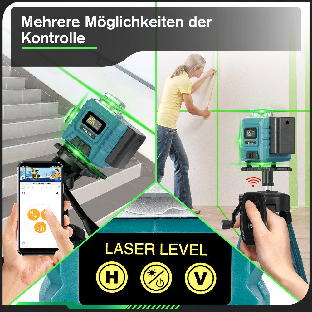 Eine Person, die ein Laser-Niveau mit einem Smartphone, einer Fernbedienung und auf einem Stativ verwendet.
