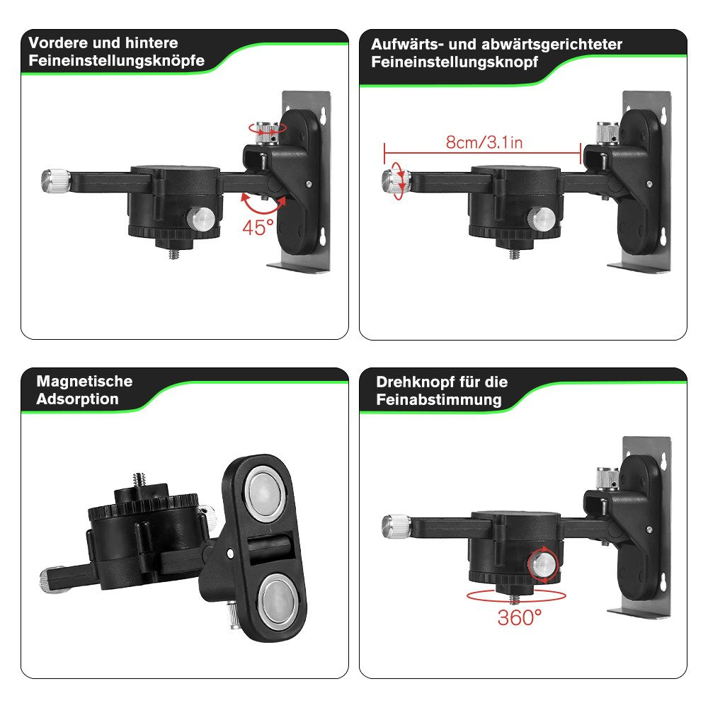 Nahaufnahmen der Montagefunktionen eines Laserlevels: Feineinstellknöpfe, magnetische Funktionen.