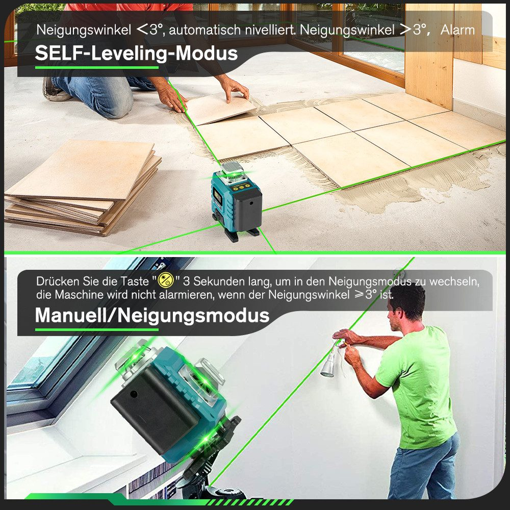 Eine Person, die ein Laser-Niveau verwendet, mit Text, der den Selbstnivellierungs- und den manuellen Modus angibt.