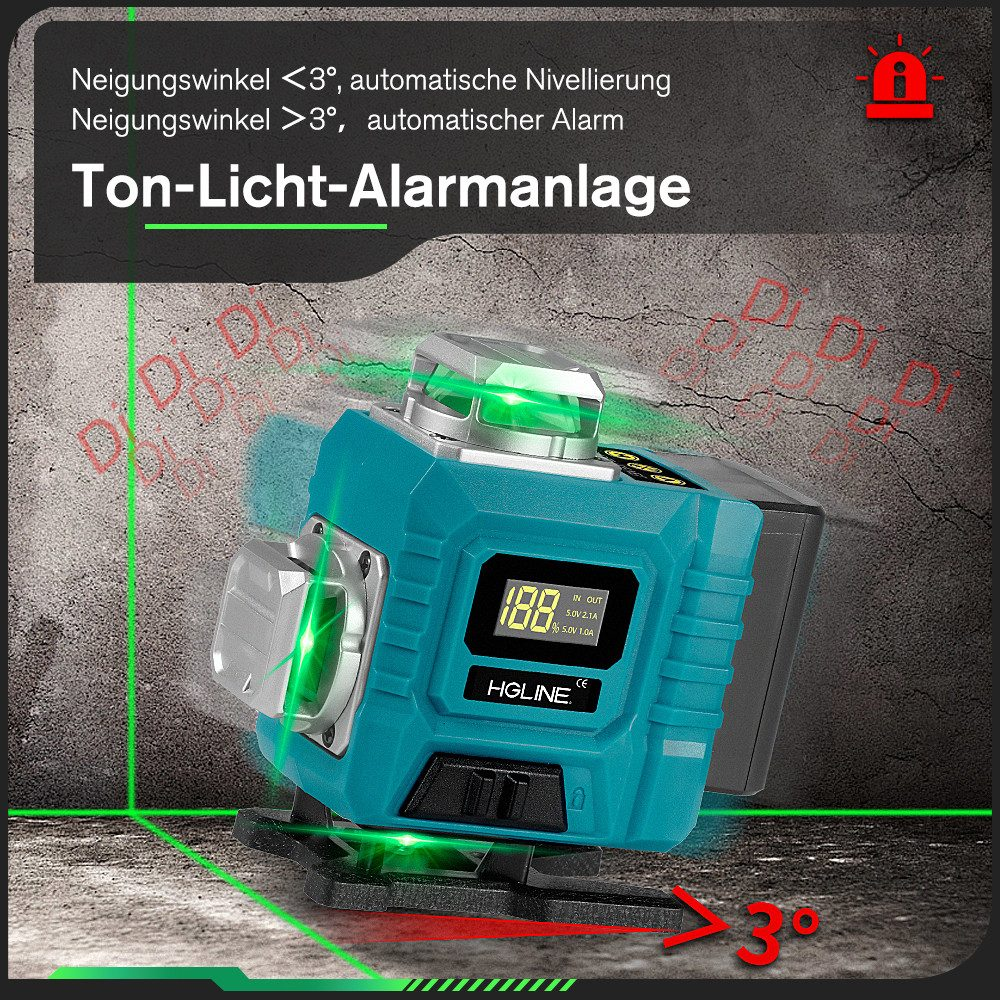 Ein türkisfarbenes Laser-Nivelliergerät mit grünen Laserstrahlen, digitaler Anzeige und deutschem Text.