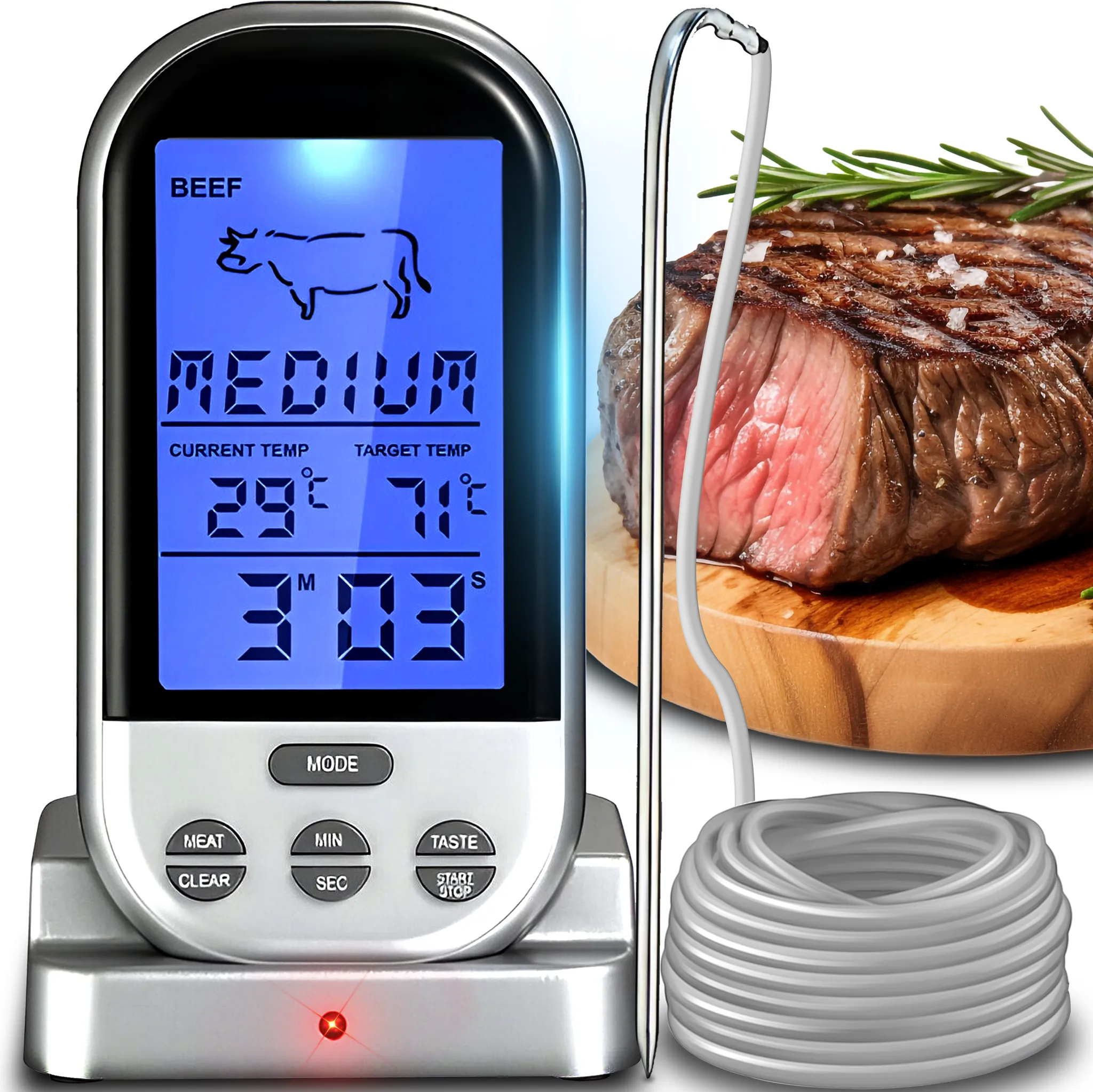 Digitales Fleischthermometer, das medium, 29°C, 71°C anzeigt. Die Sonde steckt in einem Steak.