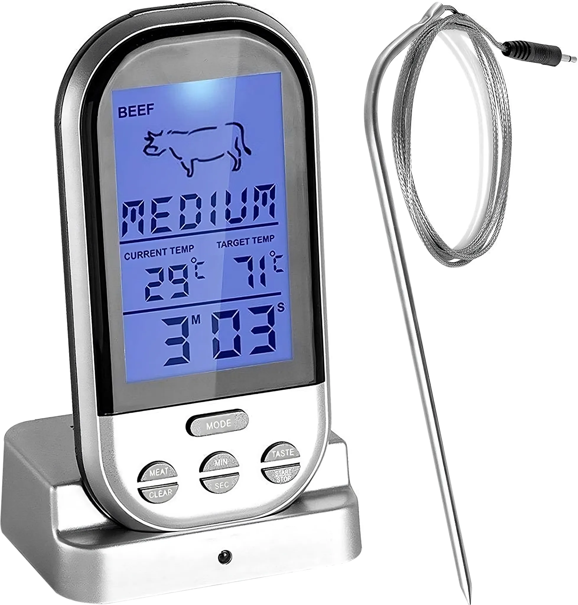 Digitales Fleischthermometer mit 'MEDIUM' und Temperaturen. Sonde angeschlossen. Silber, blauer Bildschirm.